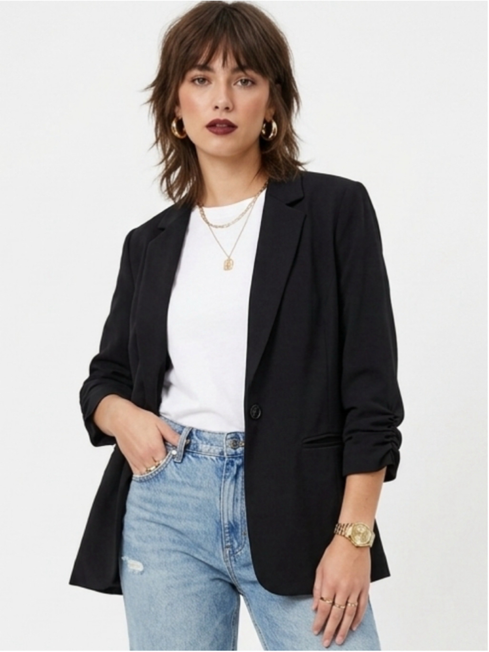 Women's Michael Kors Black Ruched 3/4 Sleeve Single Button Blazer Size Large